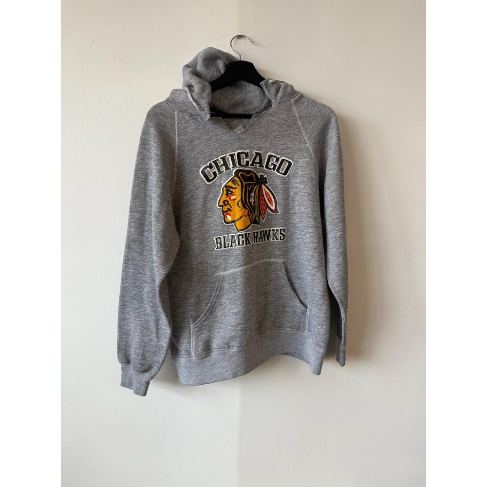 Vintage Chicago Blackhawks Hoodie Mens Medium Gray NHL Hockey Sweatshirt 80s